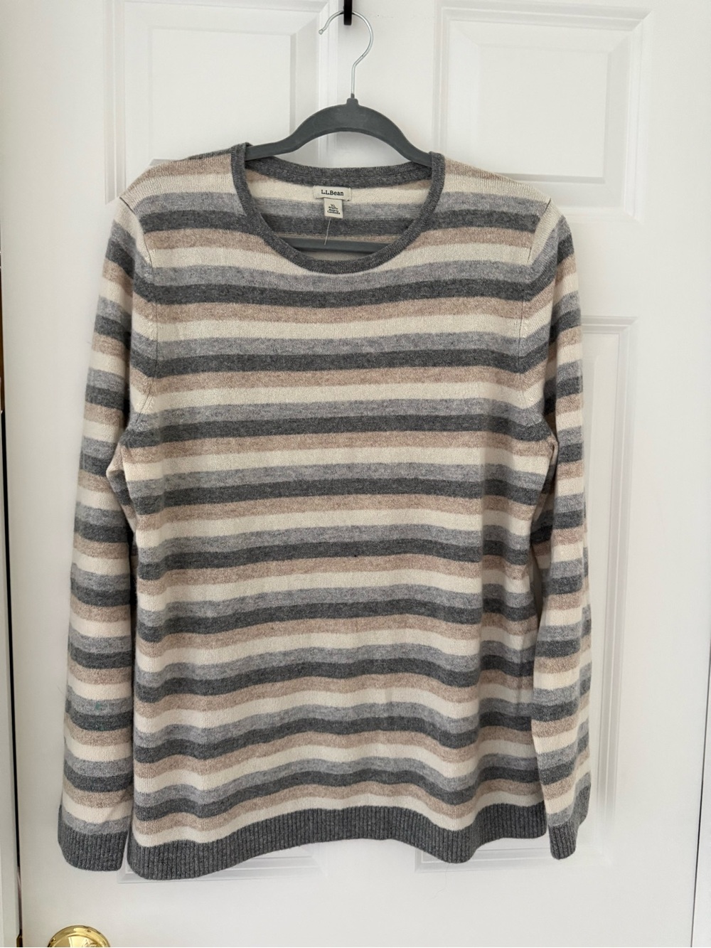 L.L. Bean Women’s  Cashmere Striped Crewneck Sweater in Gray, Cream & Tan